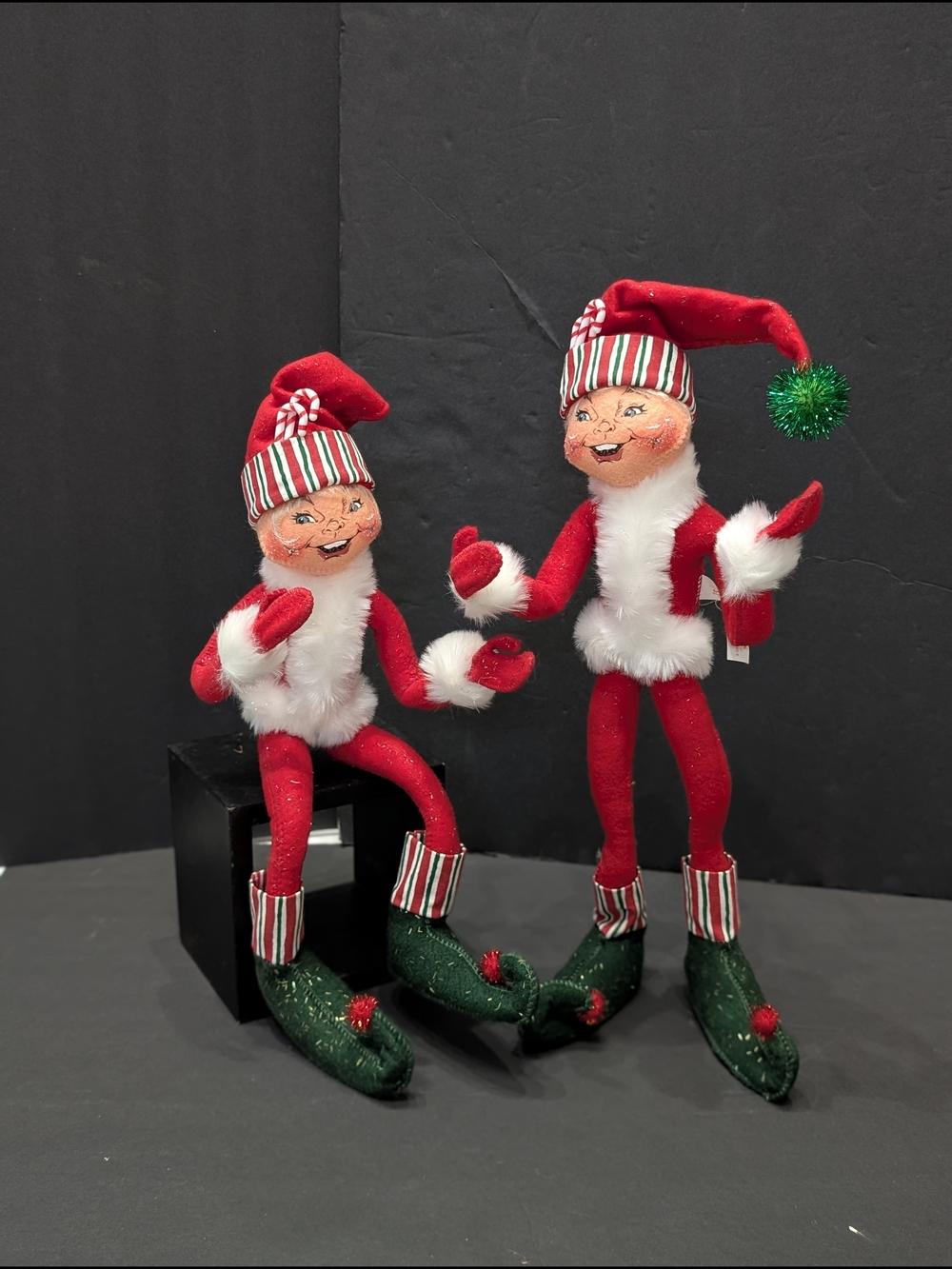 2 Annalee Christmas elf red green glitter outfit candy cane stripe 2005 15" Tall